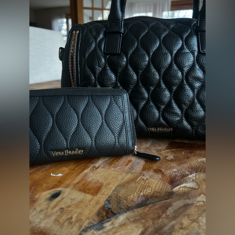 Vera Bradley Marlo Black Quilted Leather Satchel With Matching Wallet - Picture 8 of 16